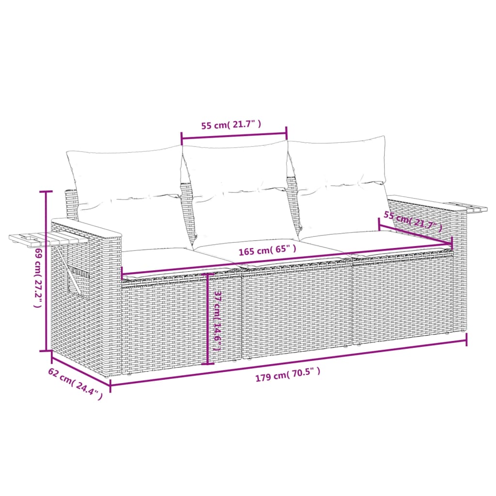 Set canapea de grădină cu perne, 3 piese, gri, poliratan 3259001 - imagine 3