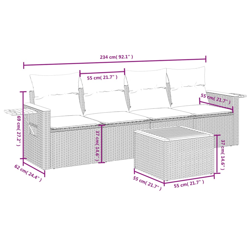 Thumbnail - vidaXL 5-tlg. Garten-Sofagarnitur mit Kissen Schwarz Poly Rattan