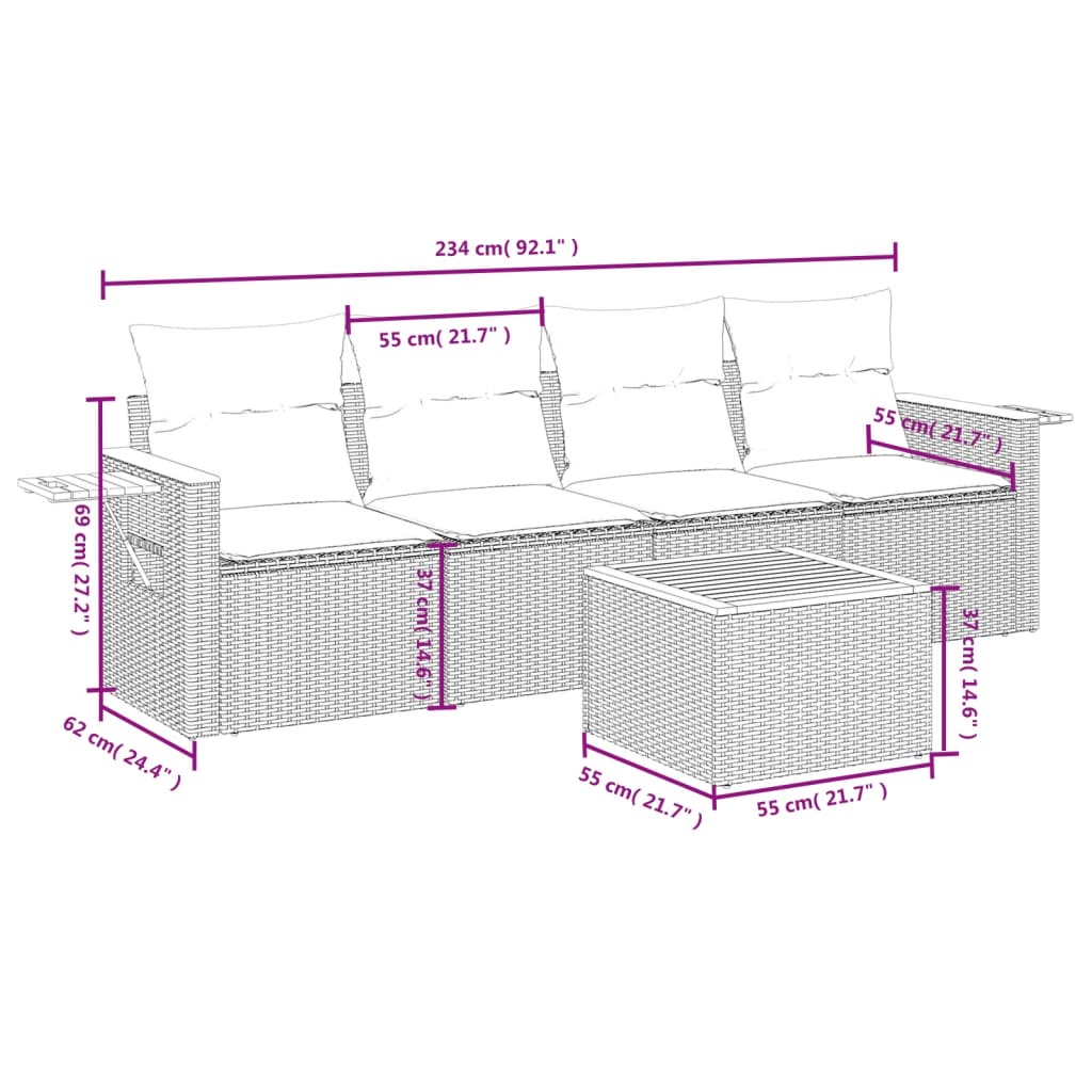 Set canapea de grădină cu perne, 5 piese, gri, poliratan 3259022 - imagine 3