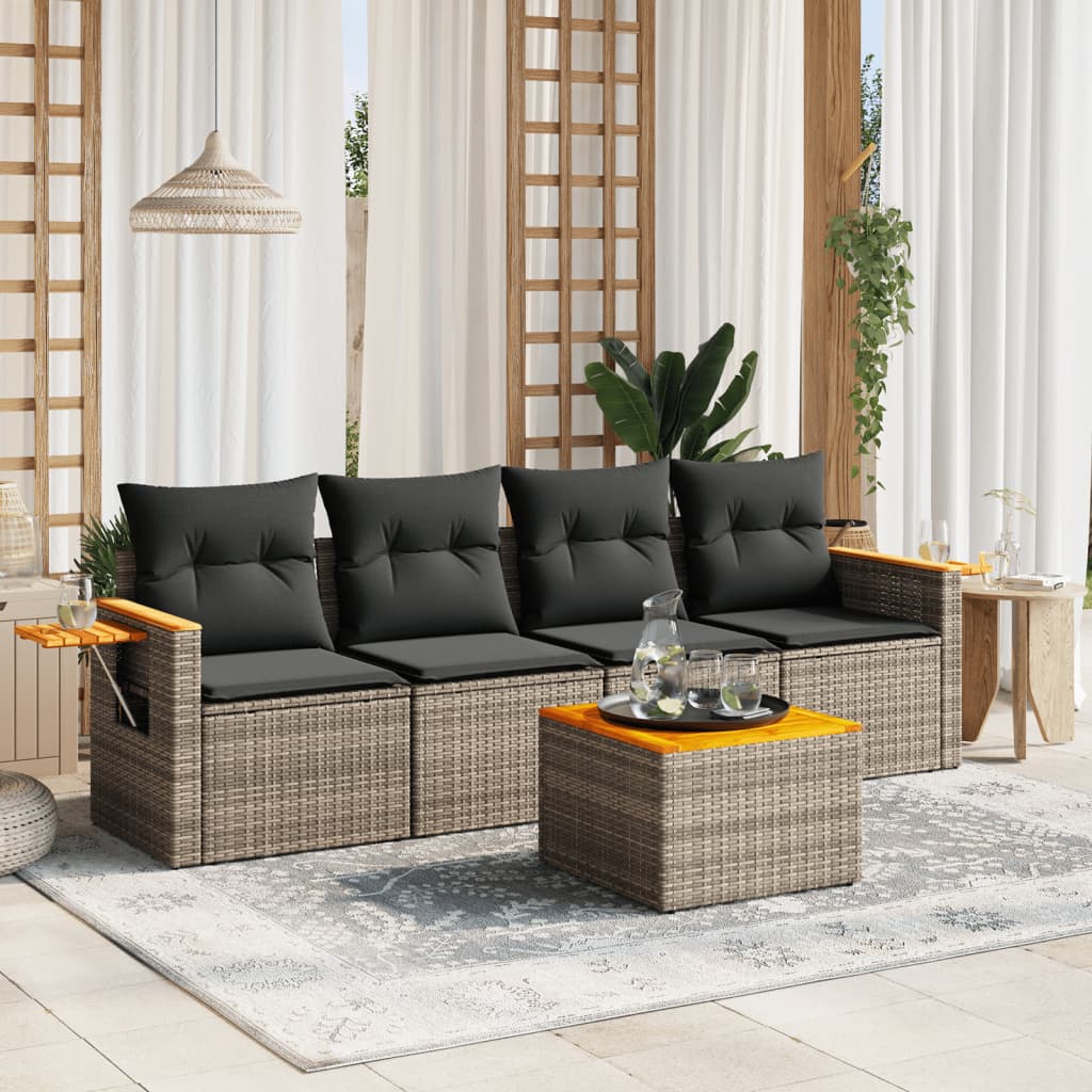 vidaXL 5-tlg. Garten-Sofagarnitur mit Kissen Grau Poly Rattan