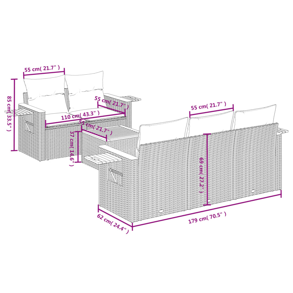 vidaXL 6-delige Loungeset met kussens poly rattan zwart afbeelding