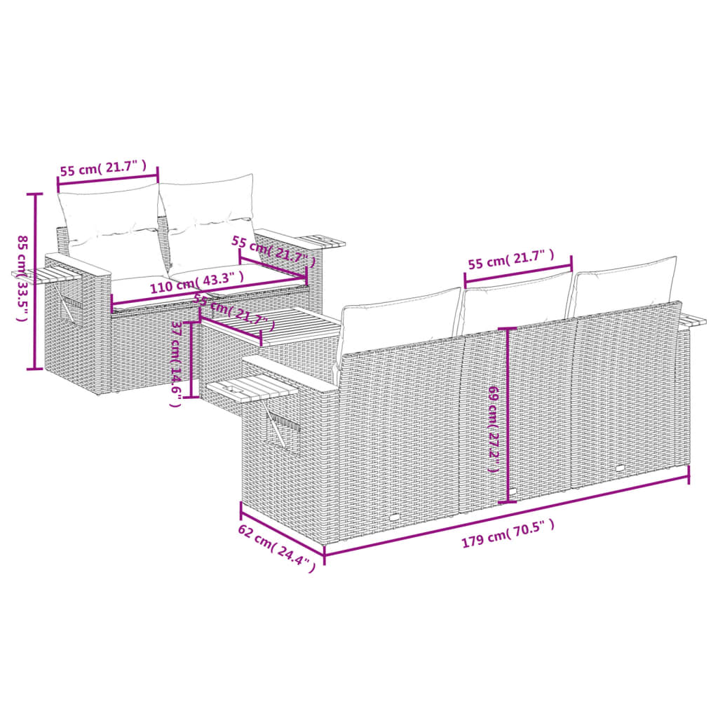 vidaXL 6-delige Loungeset met kussens poly rattan zwart afbeelding