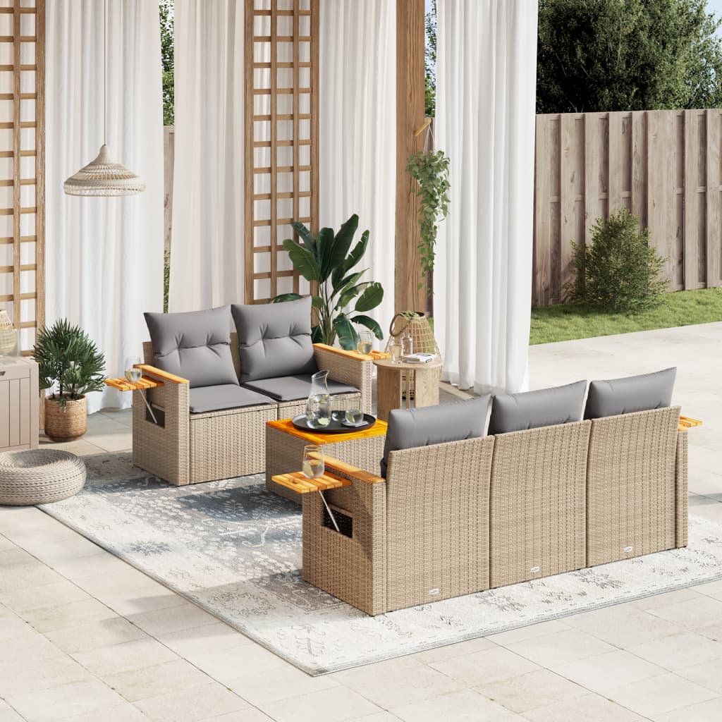 vidaXL 6-tlg. Garten-Sofagarnitur mit Kissen Beige Poly Rattan