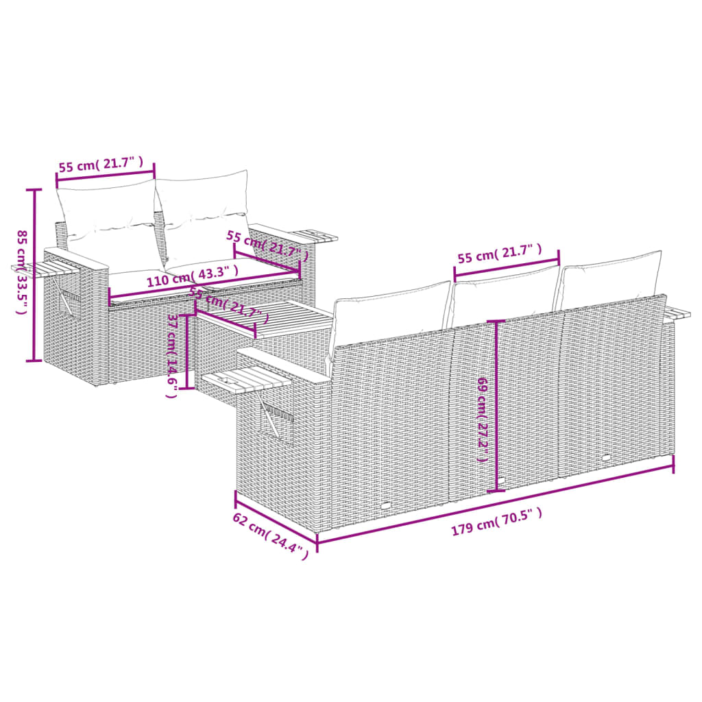 vidaXL 6-delige Loungeset met kussens poly rattan grijs afbeelding
