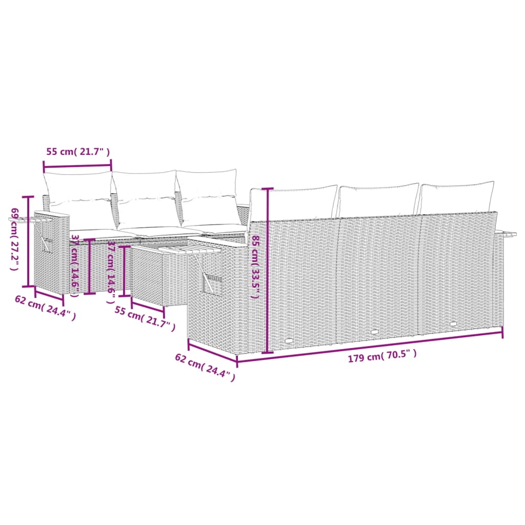vidaXL 7-delige Loungeset met kussens poly rattan grijs afbeelding