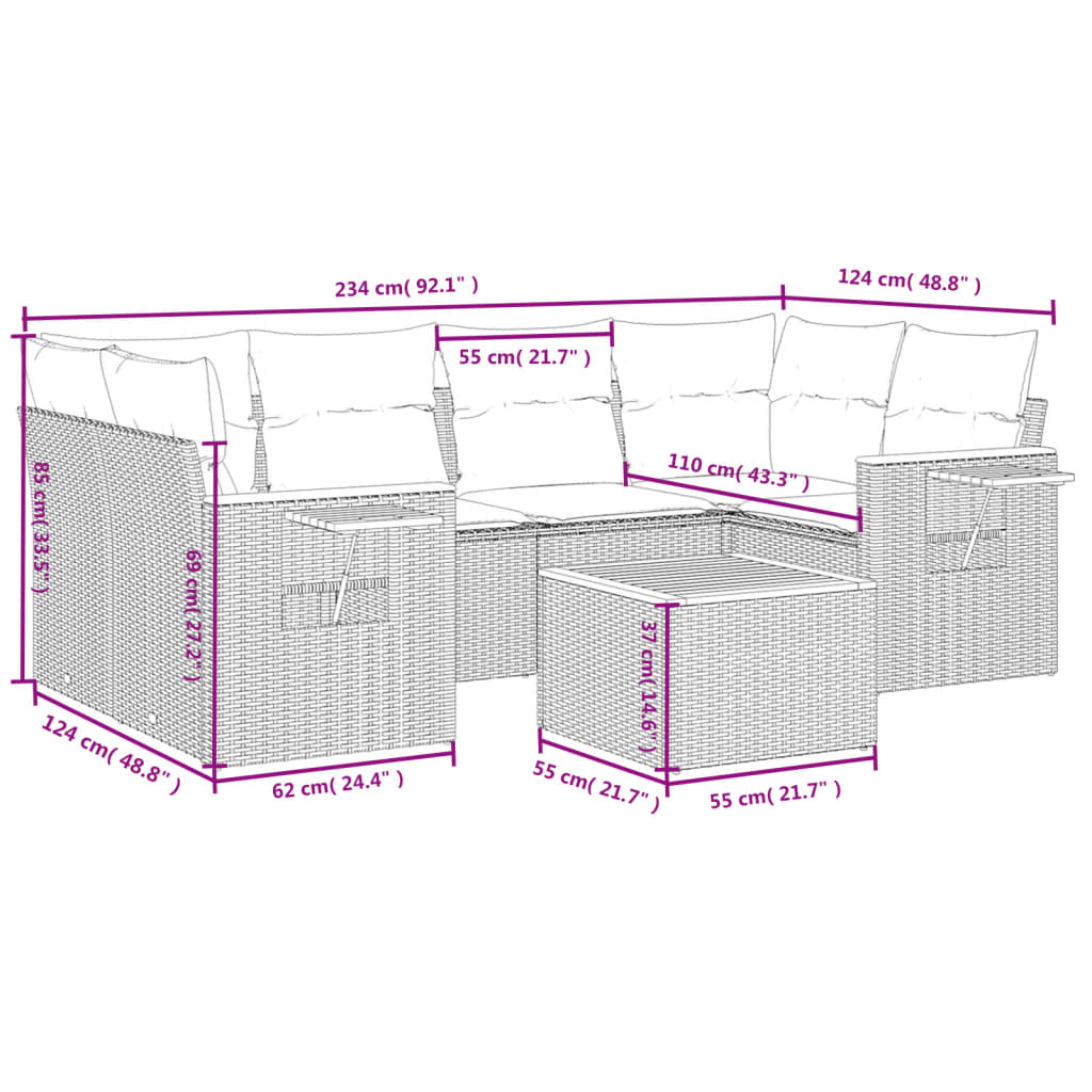 vidaXL 7-delige Loungeset met kussens poly rattan zwart afbeelding