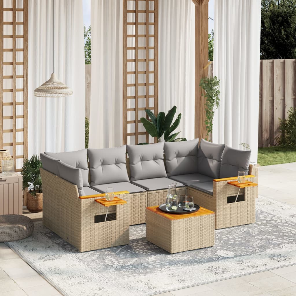 vidaXL 7-tlg. Garten-Sofagarnitur mit Kissen Beige Poly Rattan