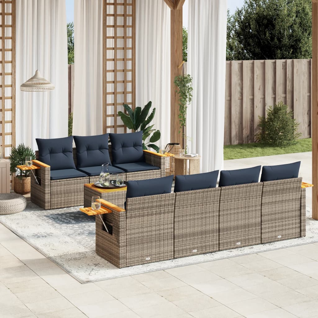 Set de sofás de jardín 8 pzas con cojines ratán sintético gris
