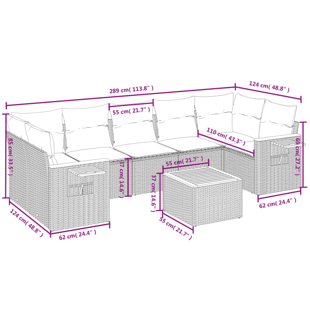 vidaXL 8-delige Loungeset met kussens poly rattan grijs afbeelding