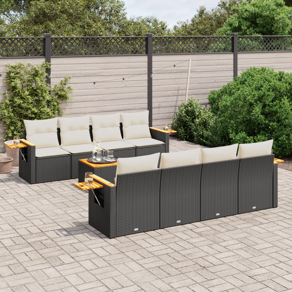 vidaXL 9-tlg. Garten-Sofagarnitur mit Kissen Schwarz Poly Rattan