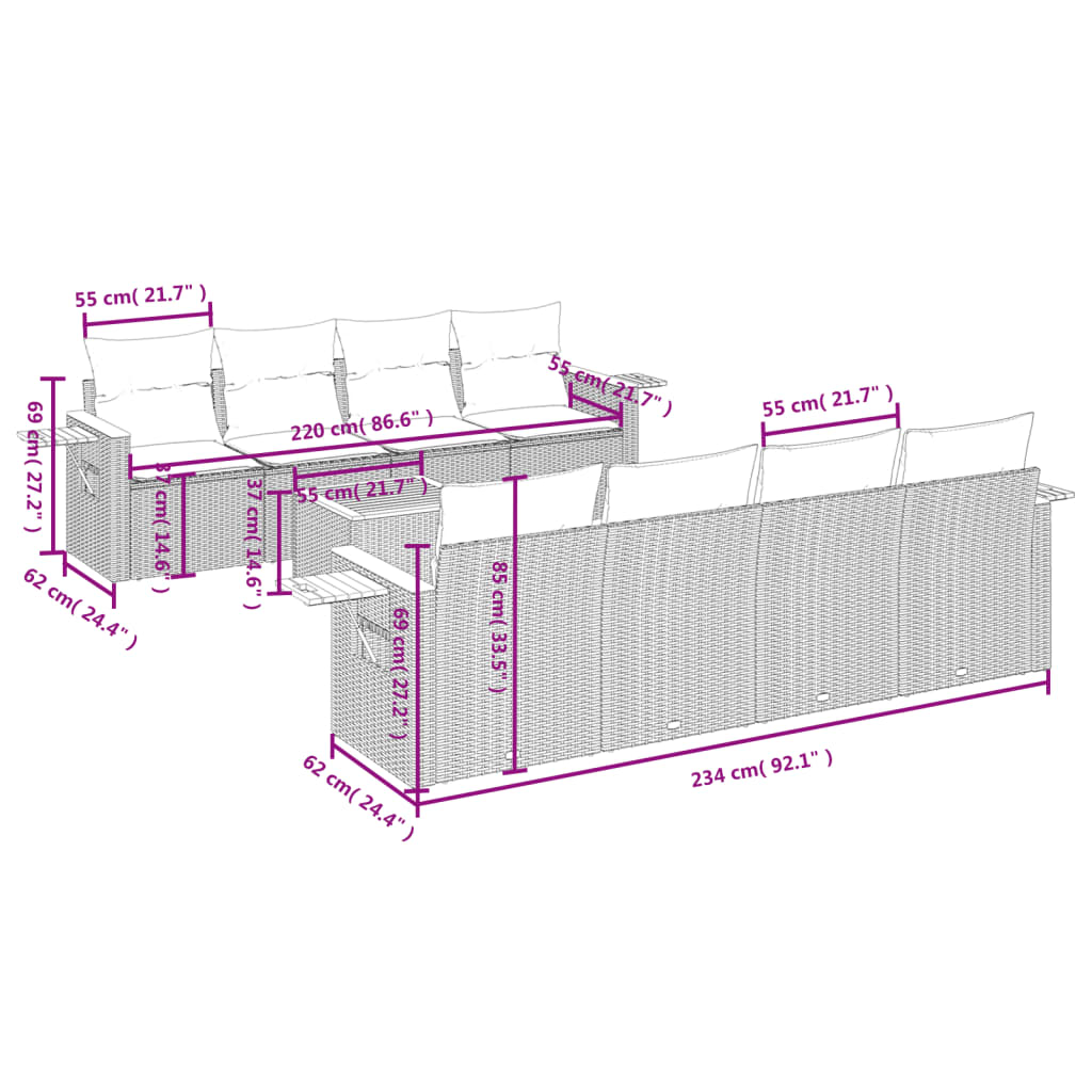 vidaXL 9-delige Loungeset met kussens poly rattan beige