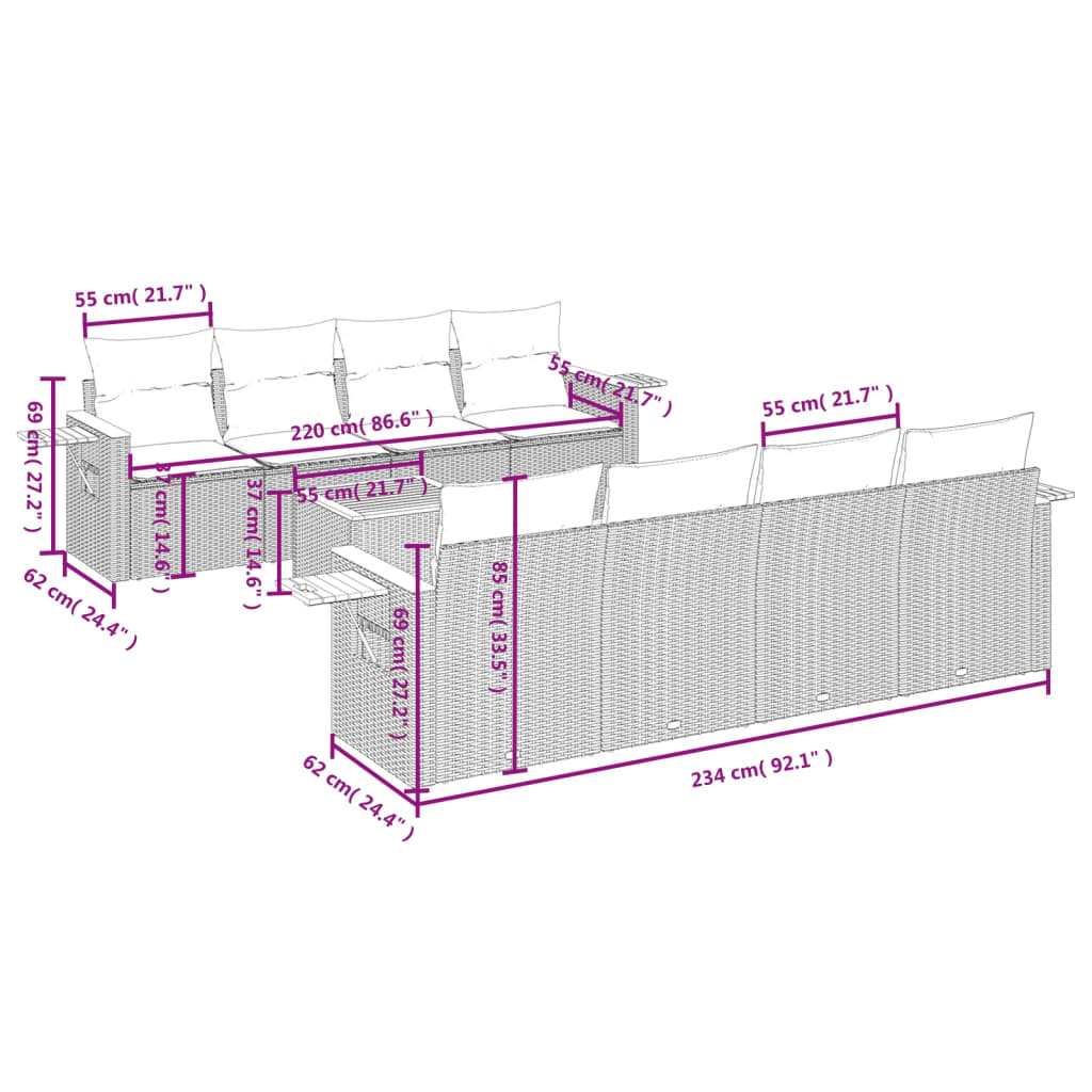 vidaXL 9-delige Loungeset met kussens poly rattan grijs afbeelding