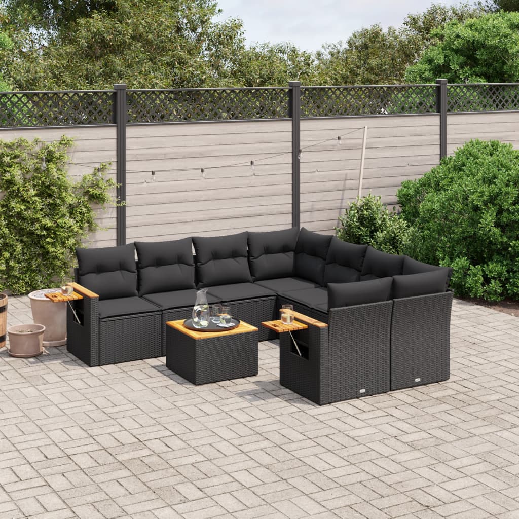 vidaXL 9-tlg. Garten-Sofagarnitur mit Kissen Schwarz Poly Rattan