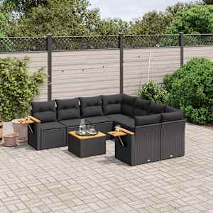 Vrtna sedežna garnitura 9-delna z blazinami črn poli ratan