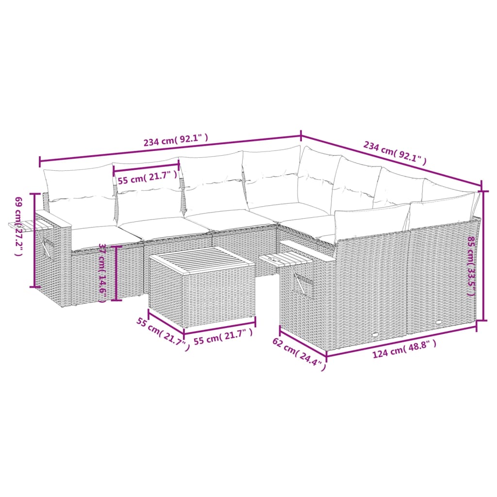 vidaXL 9 pcs conjunto de sofás p/ jardim com almofadões vime PE bege