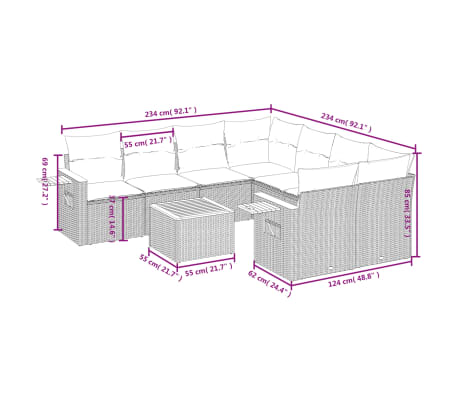 vidaXL 9-tlg. Garten-Sofagarnitur mit Kissen Beige Poly Rattan