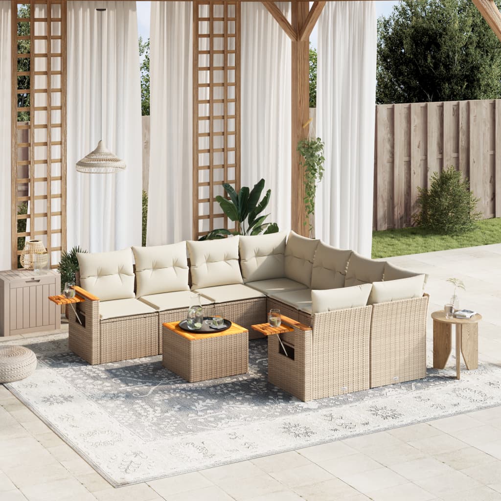 9-tlg. Garten-Sofagarnitur mit Kissen Beige Poly Rattan