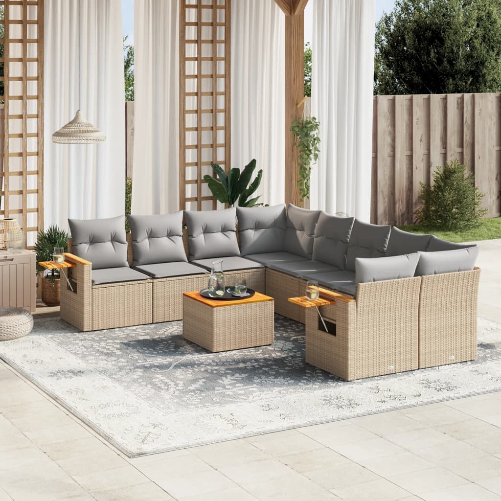 vidaXL 9-tlg. Garten-Sofagarnitur mit Kissen Beige Poly Rattan