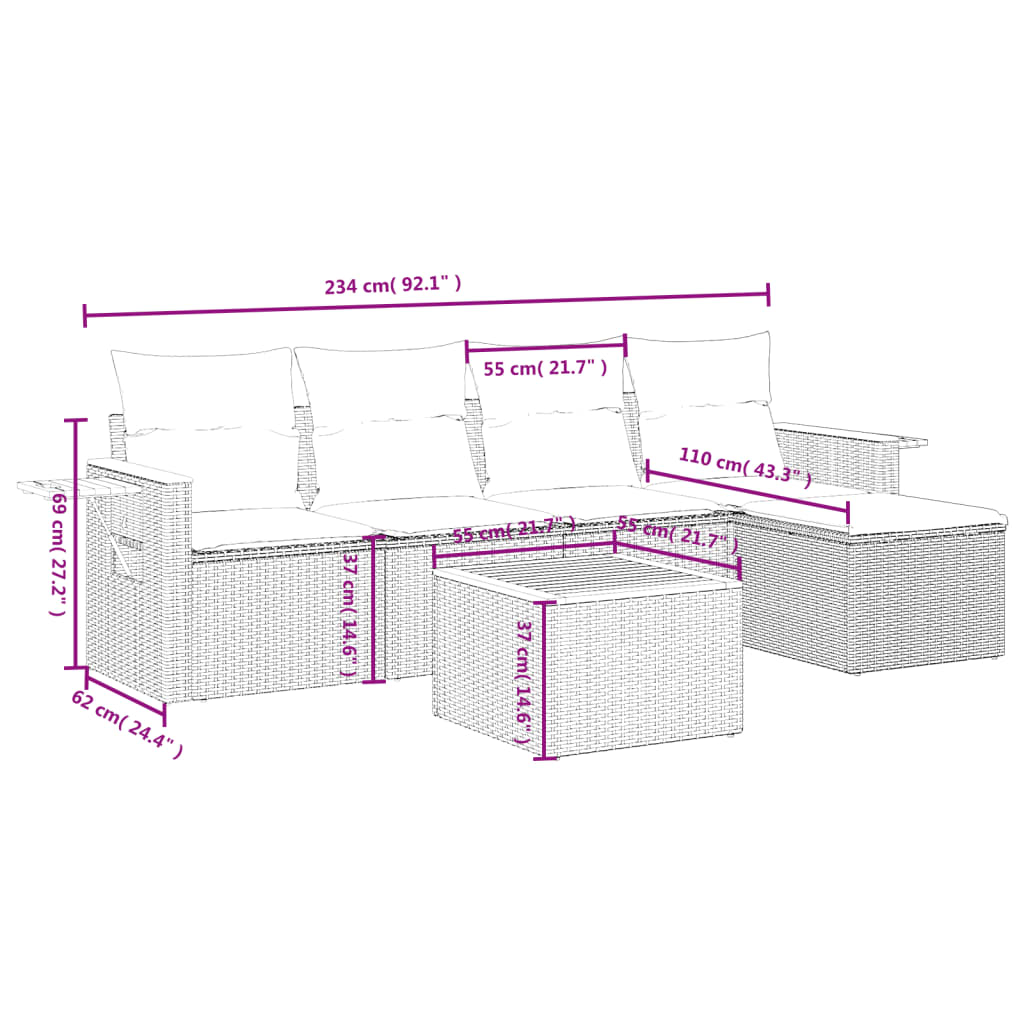 Thumbnail - vidaXL 6-tlg. Garten-Sofagarnitur mit Kissen Beige Poly Rattan