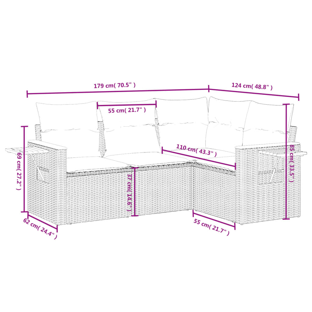 vidaXL 4-delige Loungeset met kussens poly rattan beige afbeelding