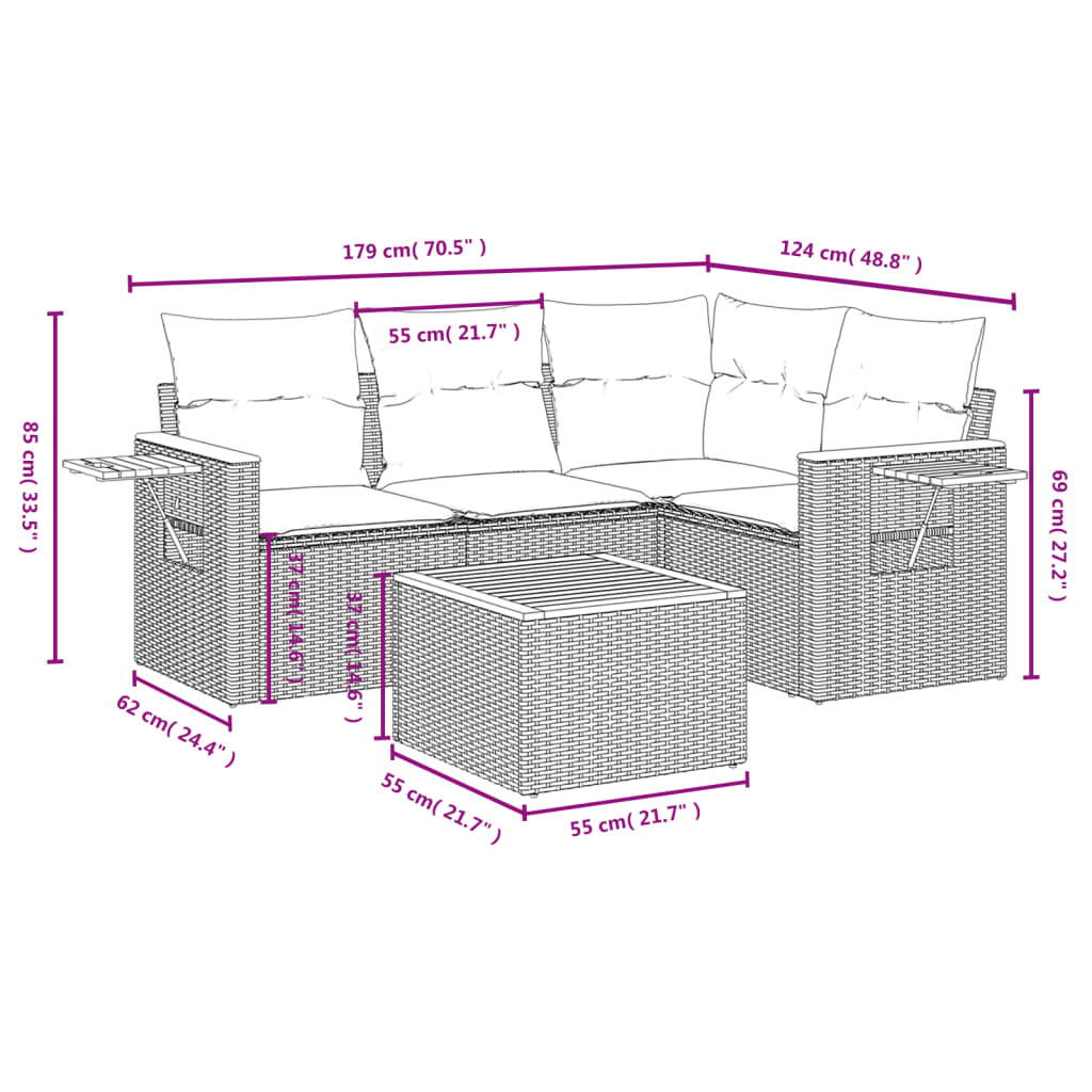 Thumbnail - vidaXL 5-tlg. Garten-Sofagarnitur mit Kissen Schwarz Poly Rattan