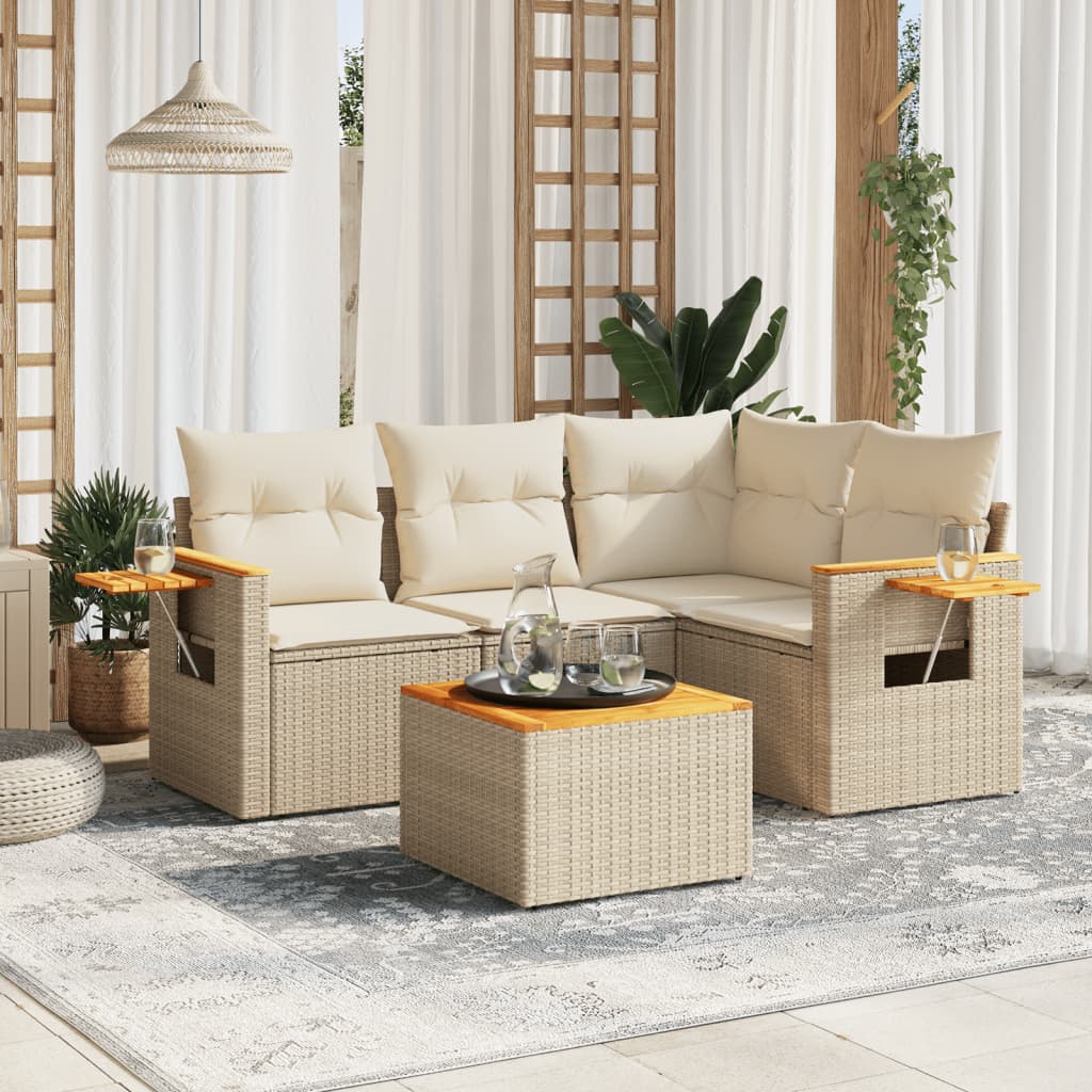 vidaXL 5-tlg. Garten-Sofagarnitur mit Kissen Beige Poly Rattan