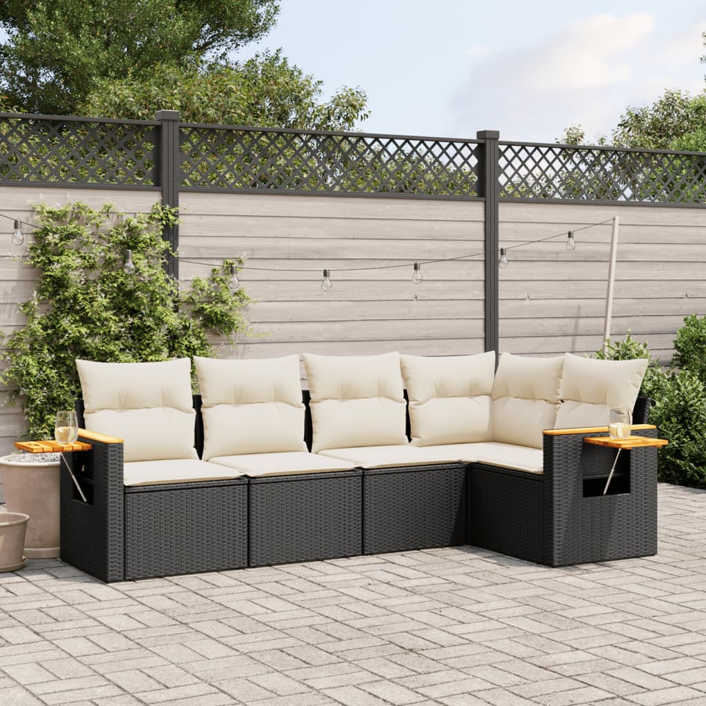 vidaXL 5-tlg. Garten-Sofagarnitur mit Kissen Schwarz Poly Rattan