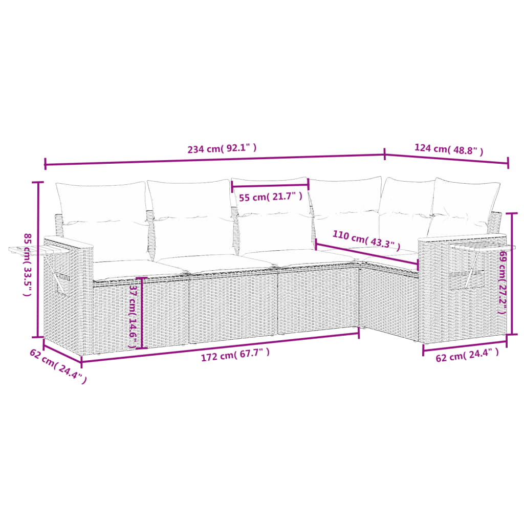 vidaXL 5-delige Loungeset met kussens poly rattan beige afbeelding
