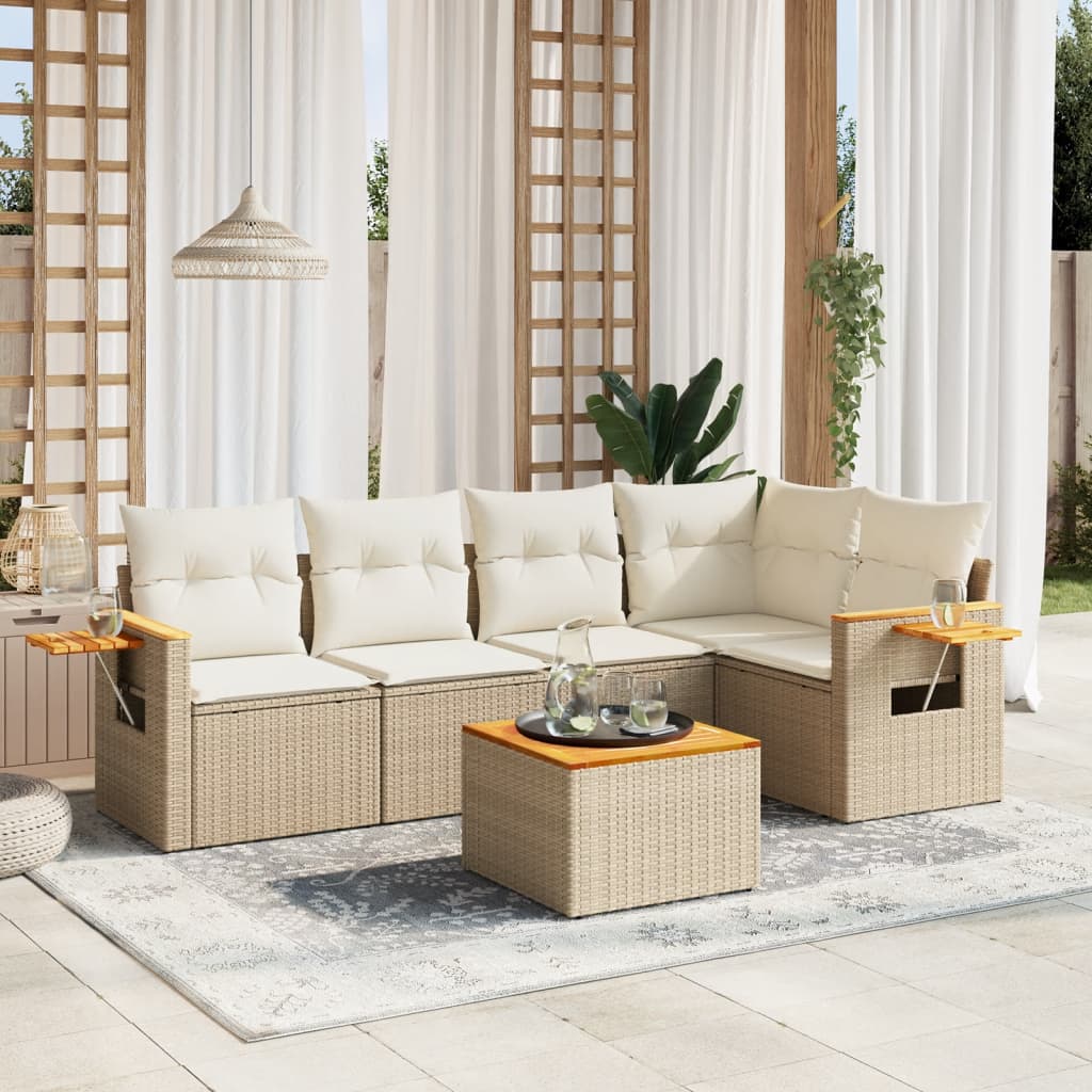 vidaXL 6-tlg. Garten-Sofagarnitur mit Kissen Beige Poly Rattan