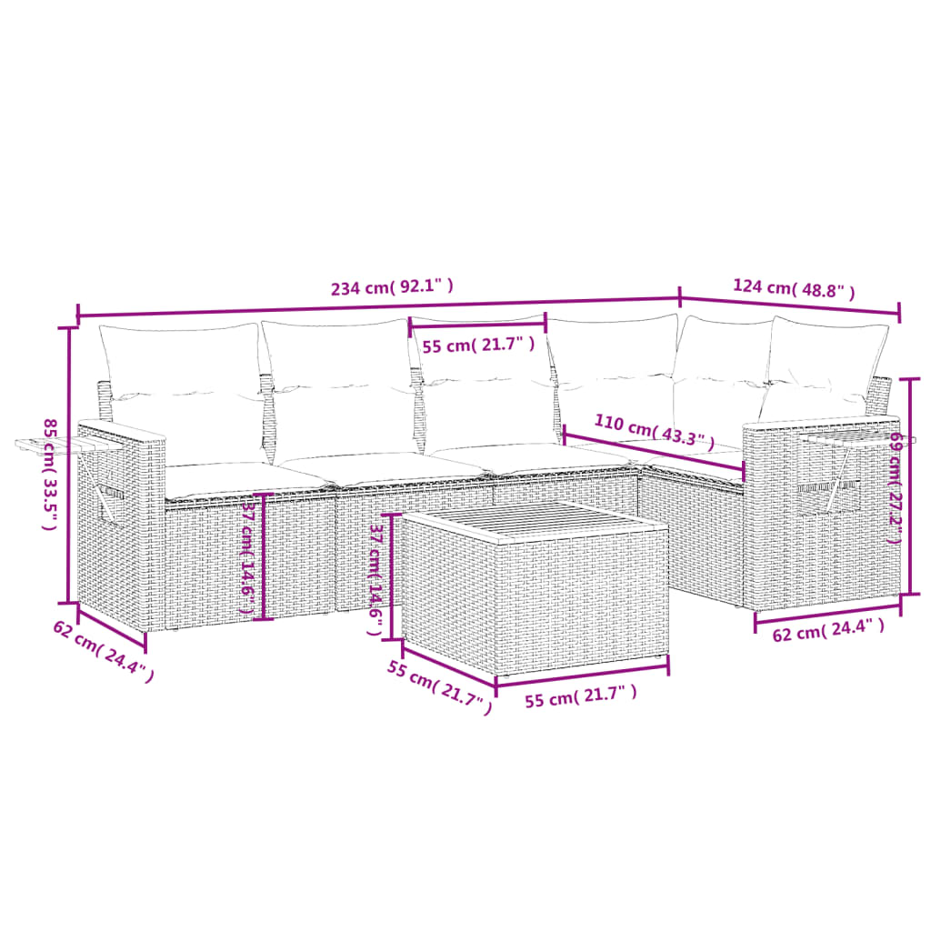 vidaXL 6-delige Loungeset met kussens poly rattan beige