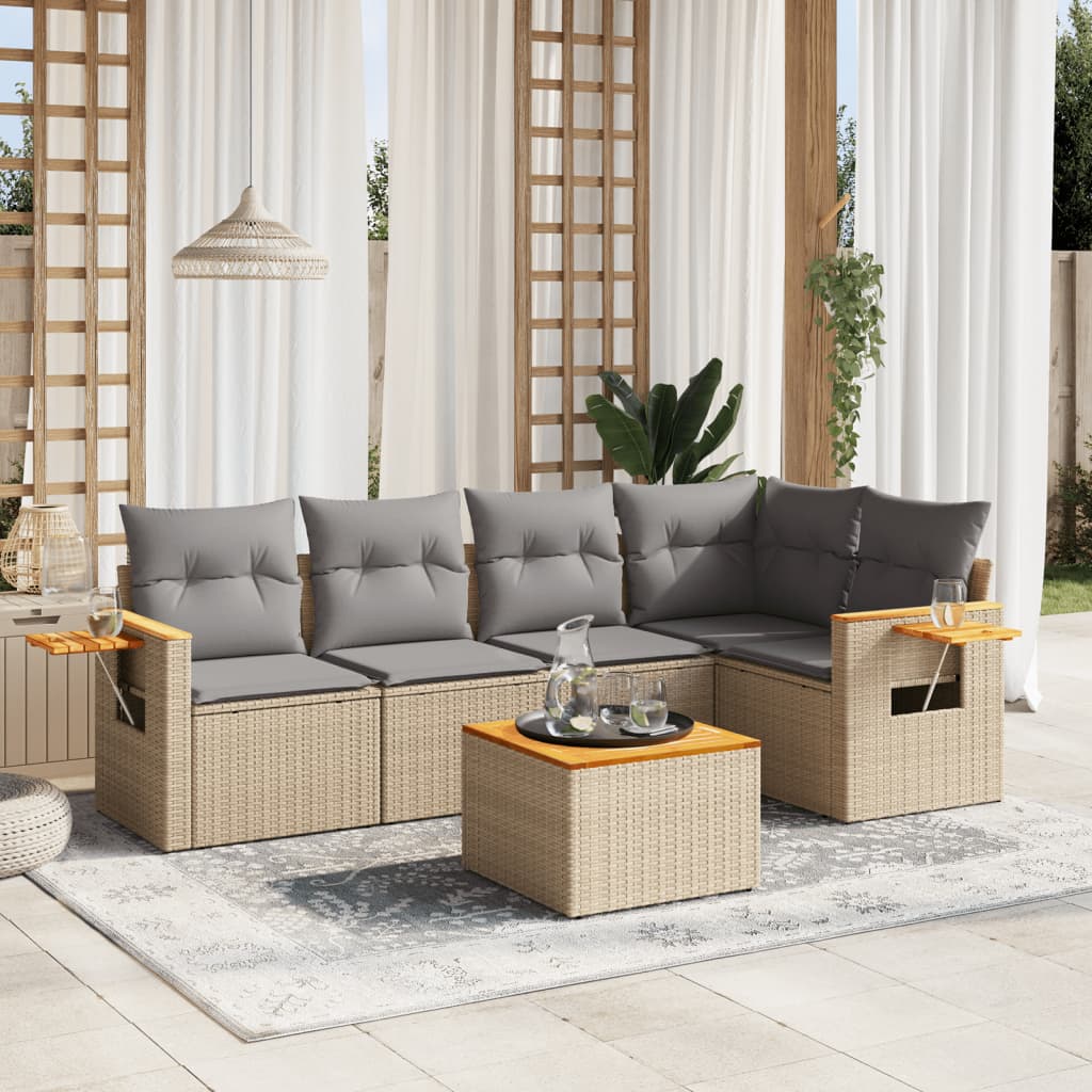 vidaXL 6-tlg. Garten-Sofagarnitur mit Kissen Beige Poly Rattan