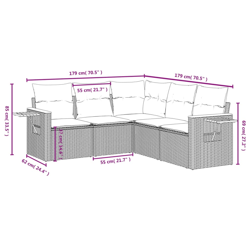 vidaXL 5-delige Loungeset met kussens poly rattan zwart afbeelding
