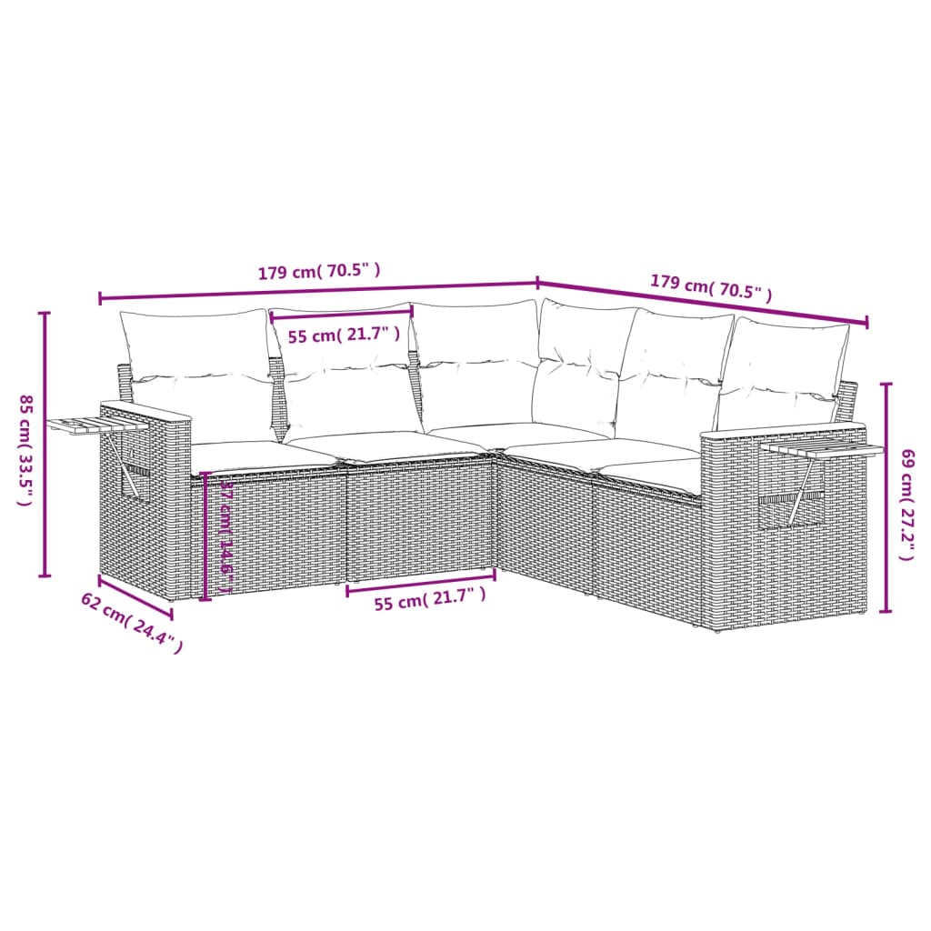 vidaXL 5-delige Loungeset met kussens poly rattan grijs afbeelding