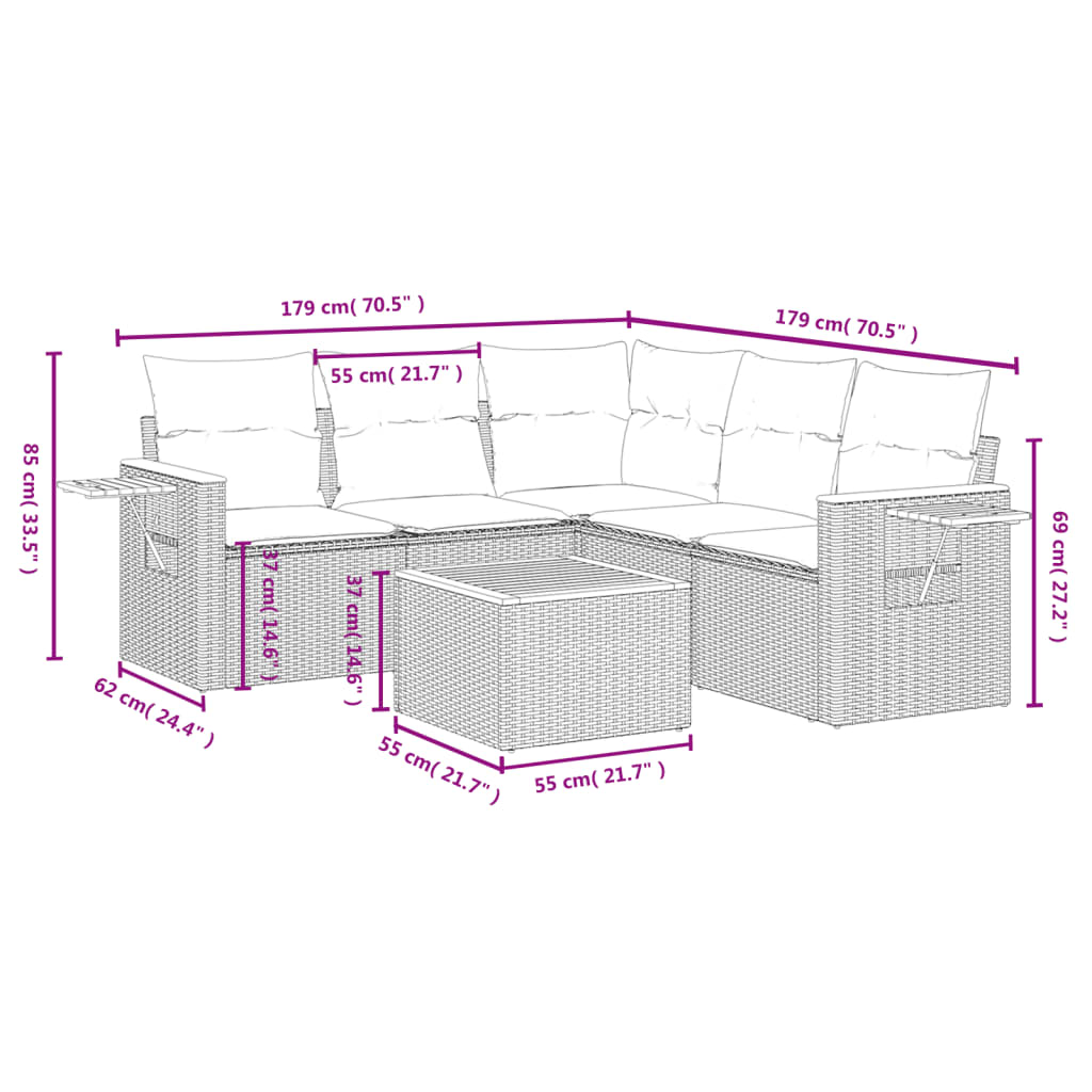 vidaXL 6-delige Loungeset met kussens poly rattan beige