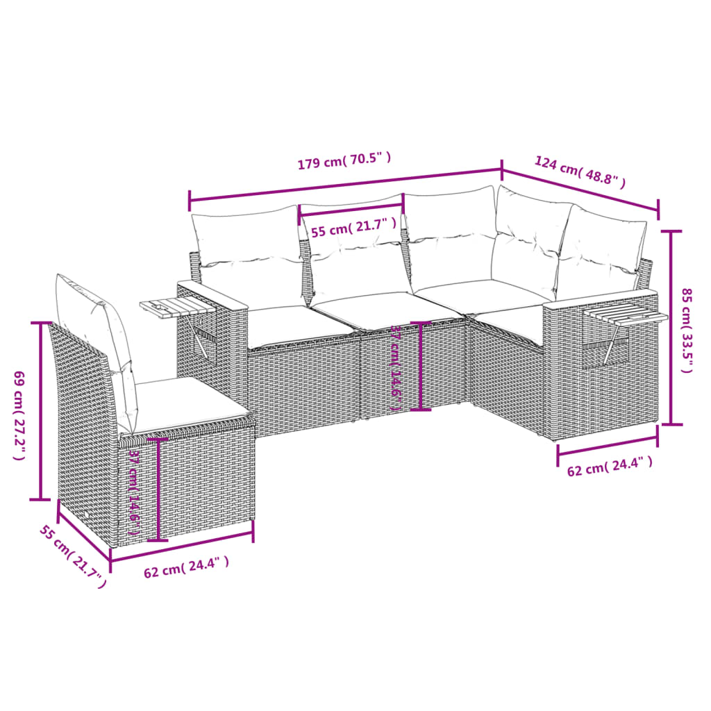 vidaXL 5-delige Loungeset met kussens poly rattan zwart afbeelding