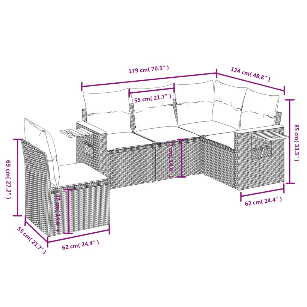 vidaXL 5-delige Loungeset met kussens poly rattan beige afbeelding