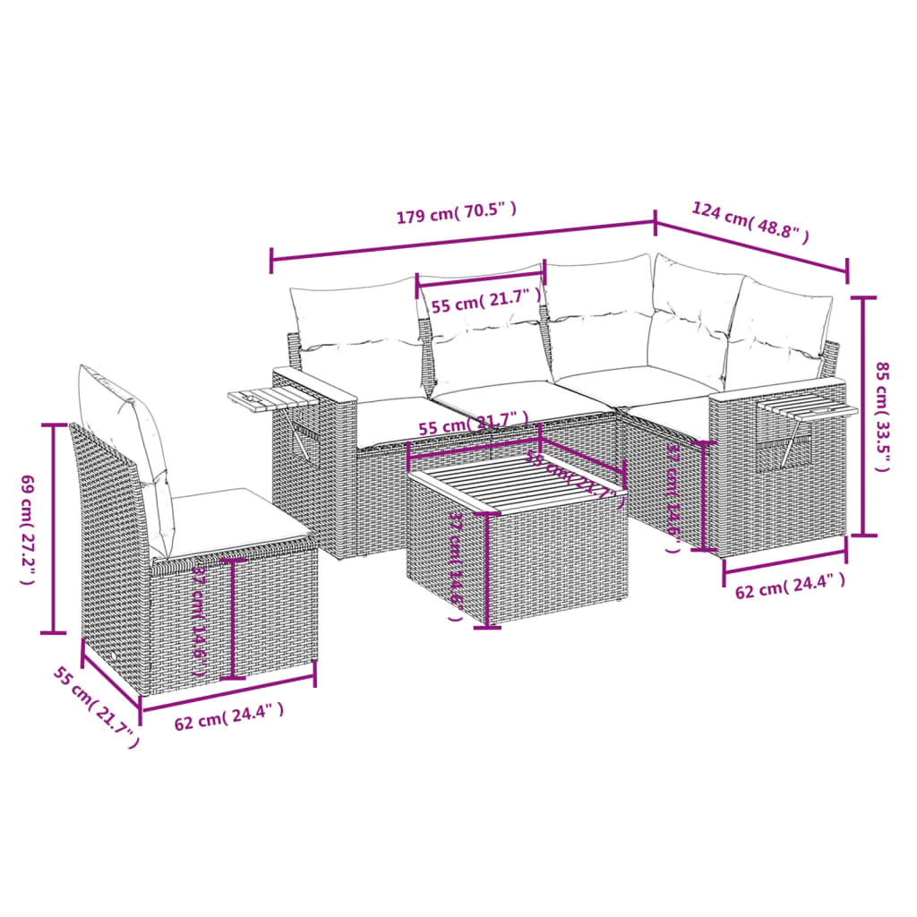 vidaXL 6-delige Loungeset met kussens poly rattan beige