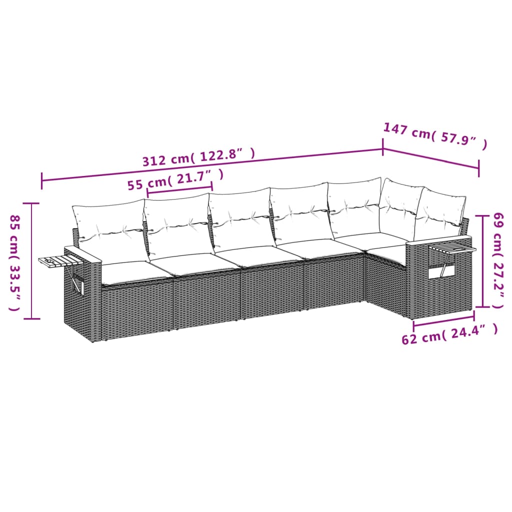 vidaXL 6-delige Loungeset met kussens poly rattan zwart afbeelding