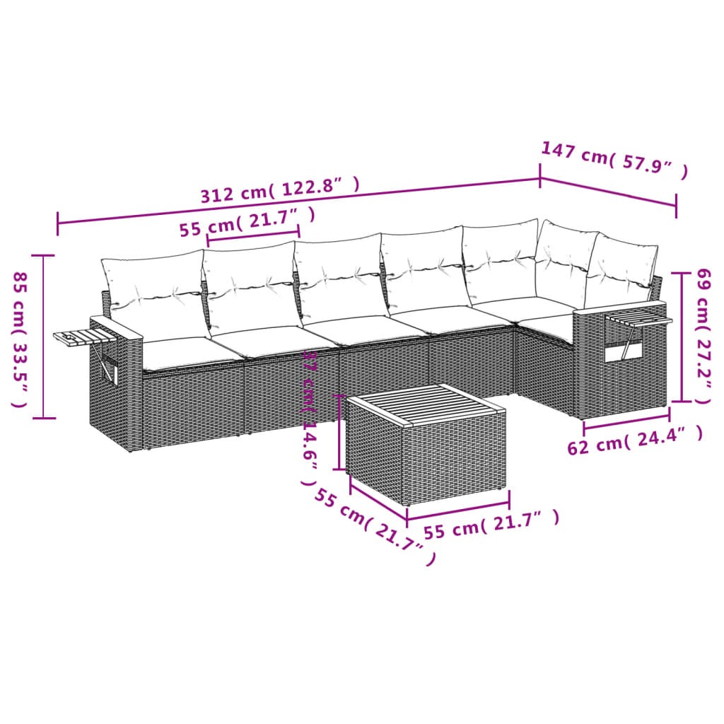 vidaXL 7-delige Loungeset met kussens poly rattan zwart afbeelding