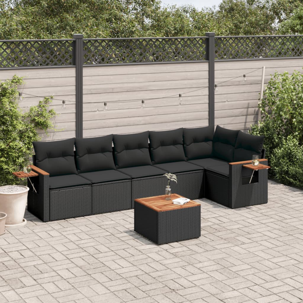 vidaXL 7-tlg. Garten-Sofagarnitur mit Kissen Schwarz Poly Rattan