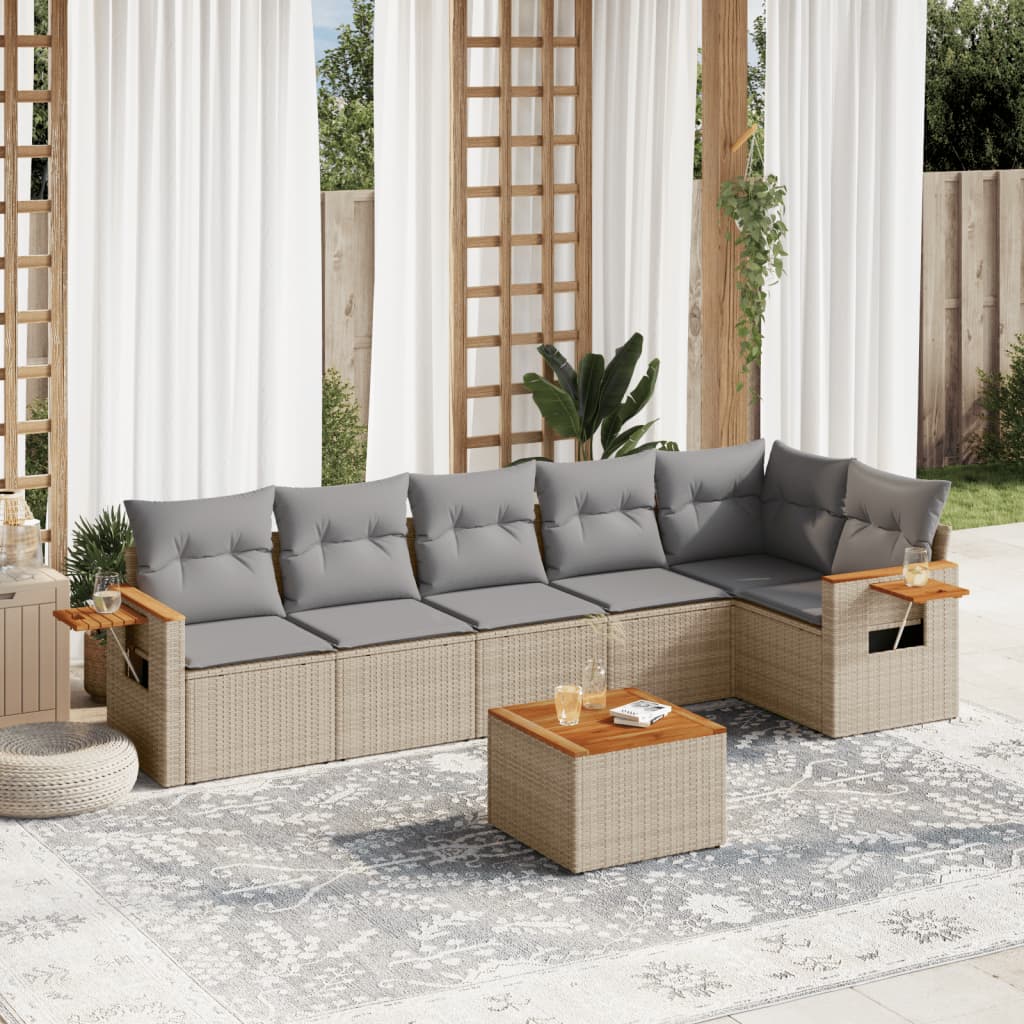 vidaXL 7-tlg. Garten-Sofagarnitur mit Kissen Beige Poly Rattan