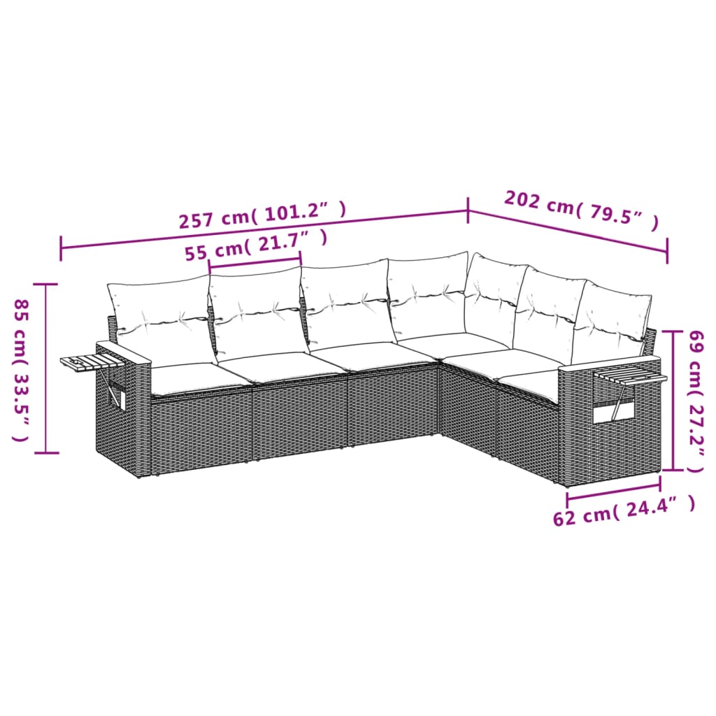 vidaXL 6-delige Loungeset met kussens poly rattan zwart afbeelding
