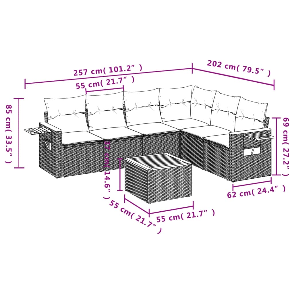 vidaXL 7-delige Loungeset met kussens poly rattan beige