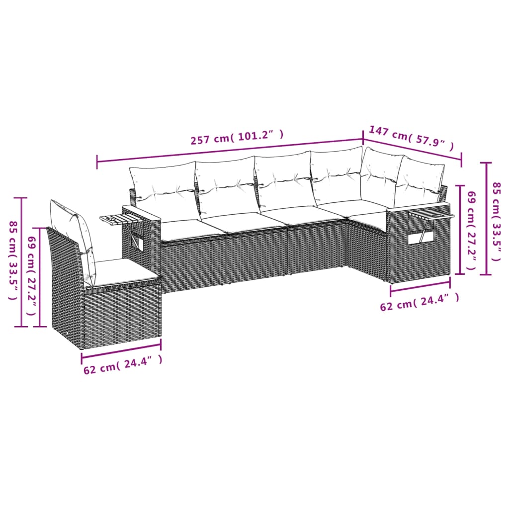 vidaXL 6-delige Loungeset met kussens poly rattan zwart afbeelding