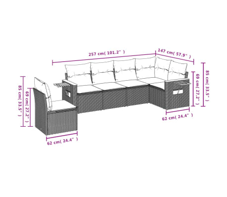 vidaXL 6-tlg. Garten-Sofagarnitur mit Kissen Grau Poly Rattan