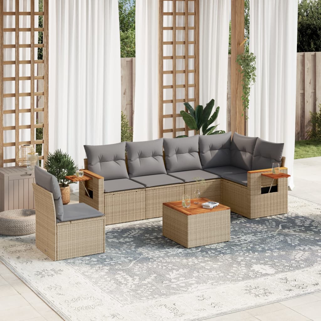 vidaXL 7-tlg. Garten-Sofagarnitur mit Kissen Beige Poly Rattan