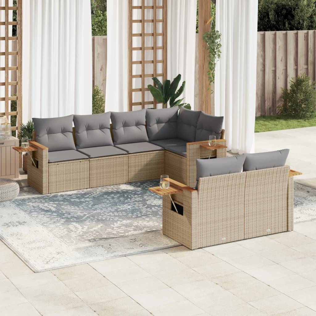 7-tlg. Garten-Sofagarnitur mit Kissen Grau Poly Rattan