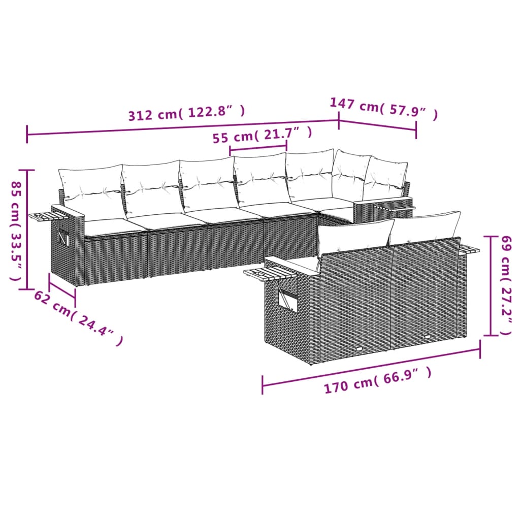 vidaXL 8-delige Loungeset met kussens poly rattan zwart afbeelding