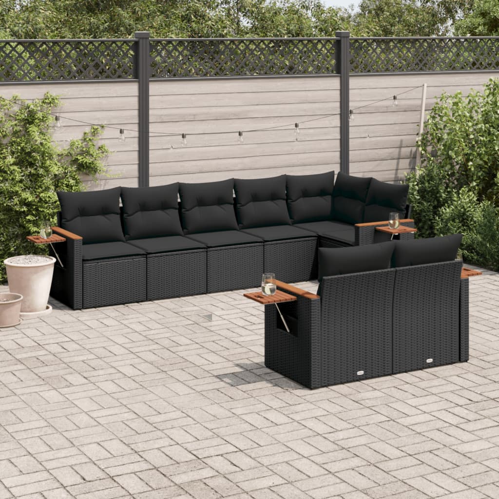 vidaXL 8-tlg. Garten-Sofagarnitur mit Kissen Schwarz Poly Rattan