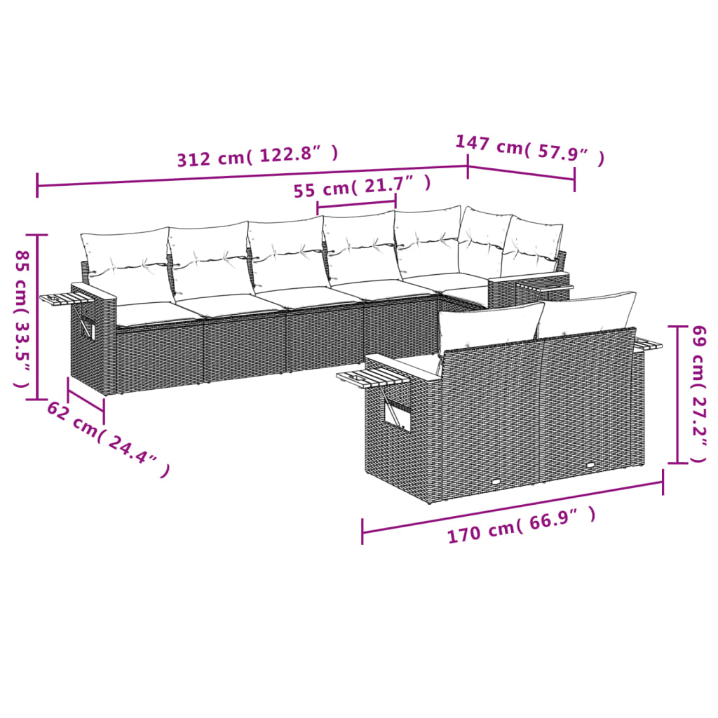 vidaXL 8-delige Loungeset met kussens poly rattan beige afbeelding